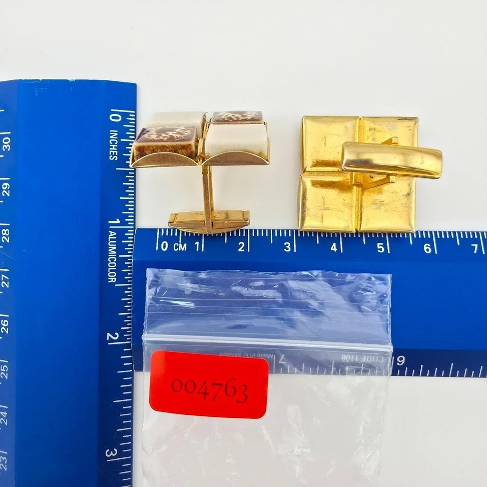 Vintage Cufflinks Mid-Century Modern Brown White Ceramic Tiles Enamel Gold Plate